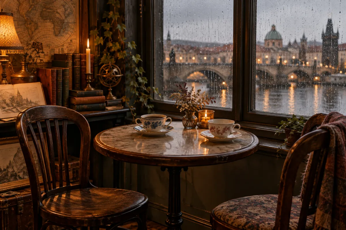 Two coffee cups on a cafe table by a rainy window, one full and one empty, with chairs turned away from each other