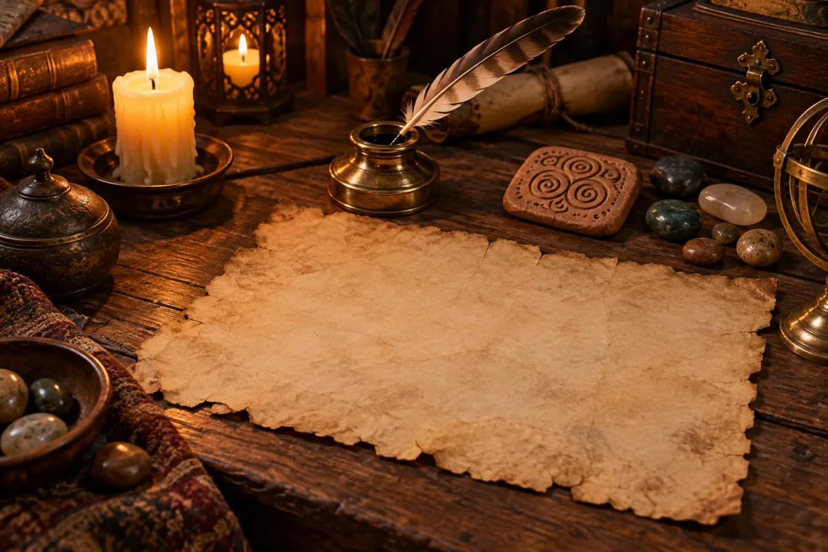 Candlelit fantasy writing desk with a quill, inkwell, carved clay tablet and blank parchment map
