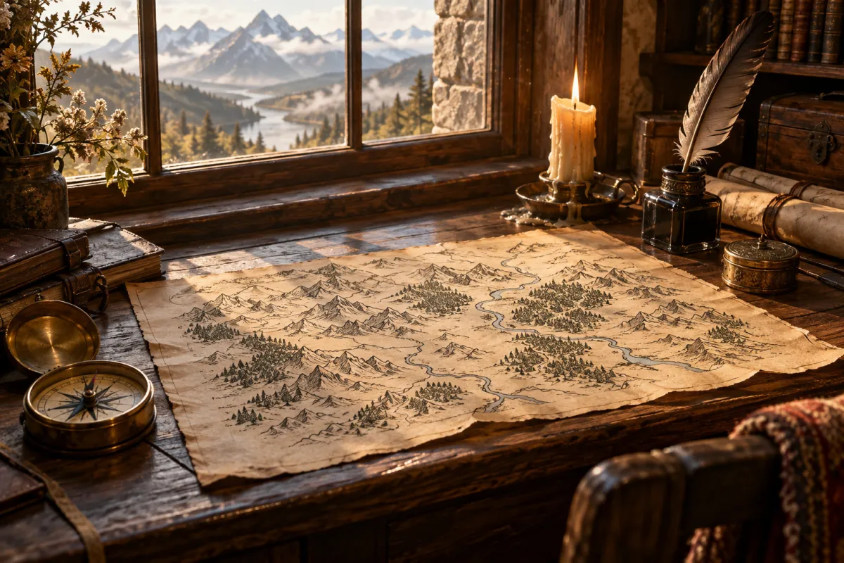 A wooden desk with an unlabeled hand-drawn fantasy map, a compass and a quill
