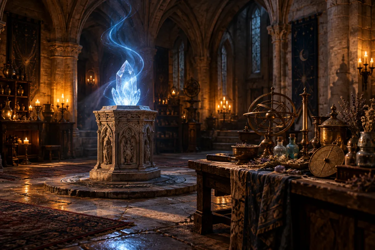 A glowing crystal on a stone pedestal in a dim chamber with brass instruments and herbs