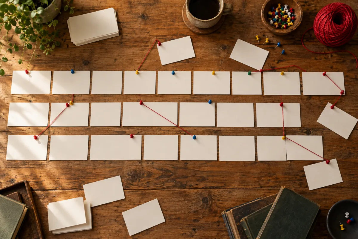 Blank index cards laid out in rows on a wooden table like a reverse outline