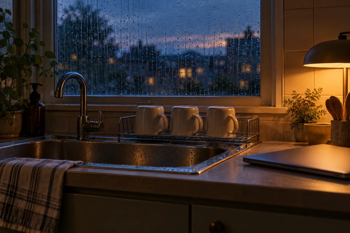 Three identical clean mugs on a drying rack beside a closed laptop on a rainy evening