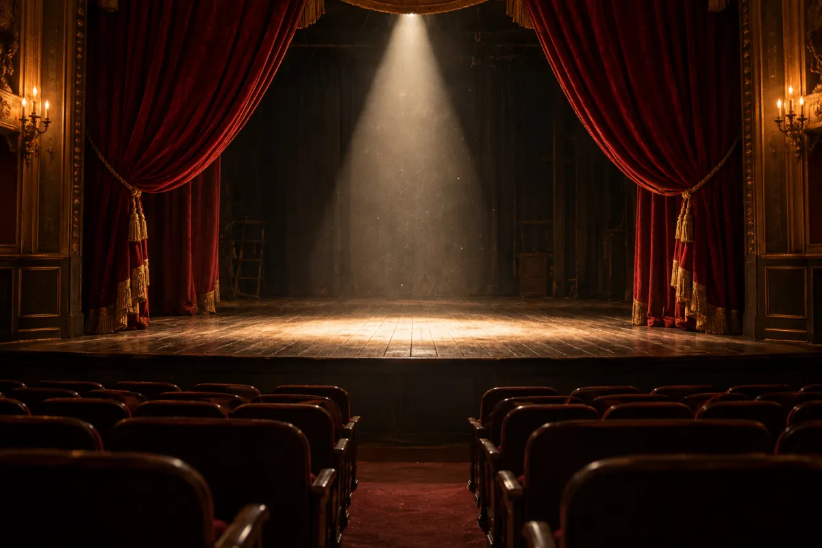 An empty theatre stage lit by a single spotlight, suggesting the climax and final act of a story